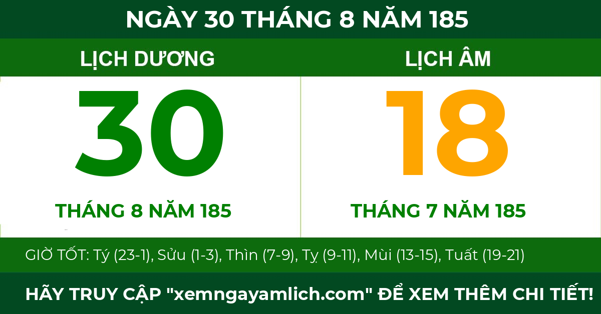 lịch âm ngày 30 tháng 8 năm 185