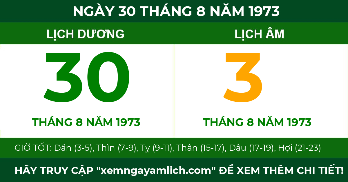 lịch âm ngày 30 tháng 8 năm 1973