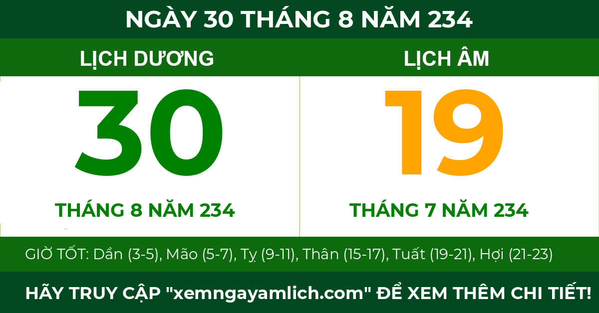 lịch âm ngày 30 tháng 8 năm 234