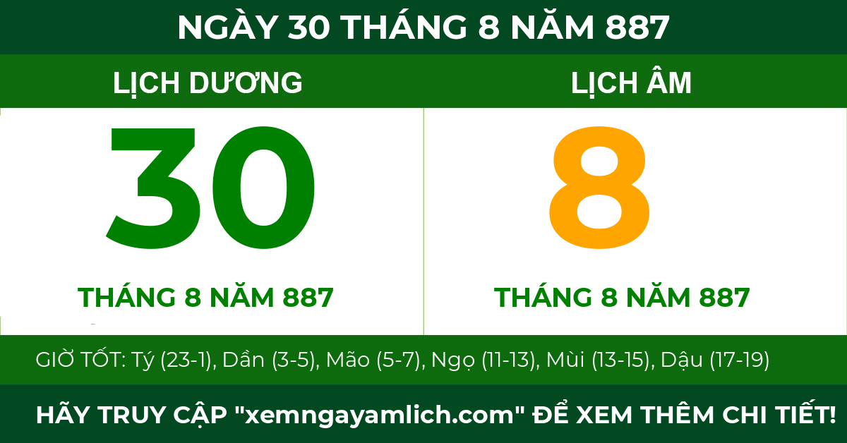 lịch âm ngày 30 tháng 8 năm 887