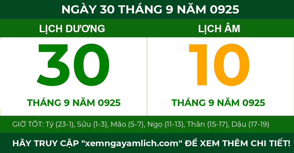 lịch âm ngày 30 tháng 9 năm 0925