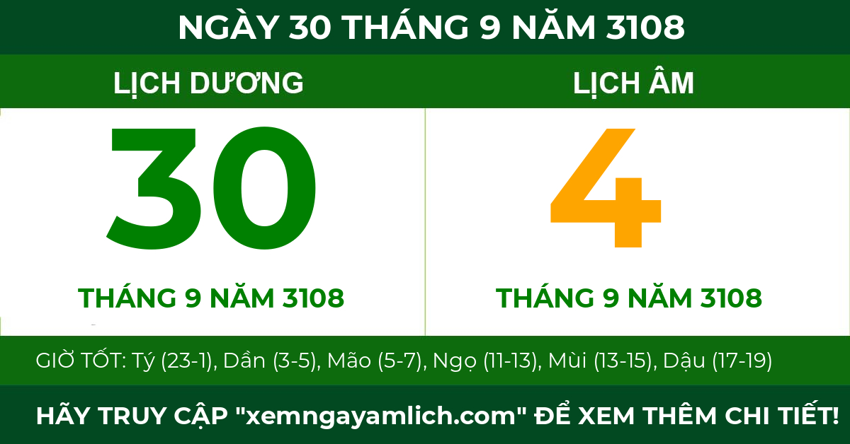 lịch âm ngày 30 tháng 9 năm 3108