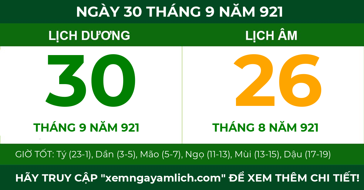 lịch âm ngày 30 tháng 9 năm 921