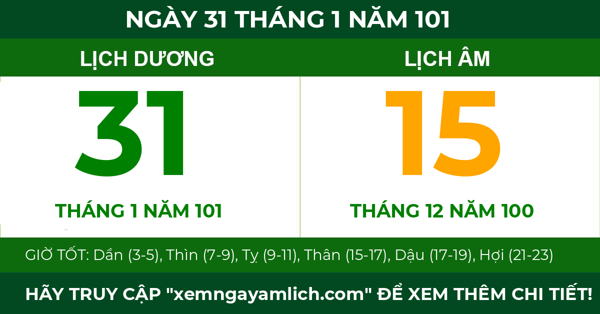 lịch âm ngày 31 tháng 1 năm 101