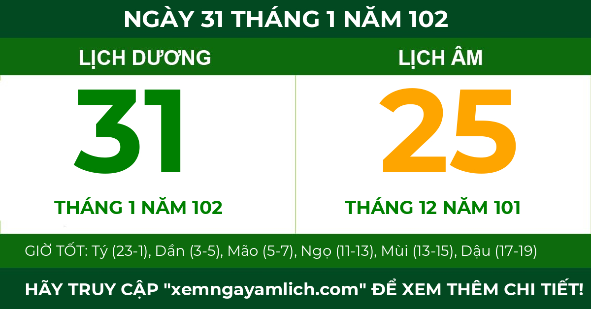 lịch âm ngày 31 tháng 1 năm 102