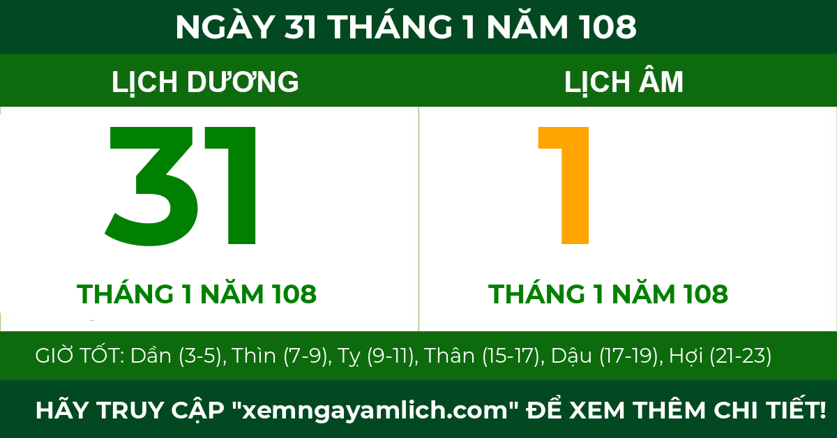 lịch âm ngày 31 tháng 1 năm 108