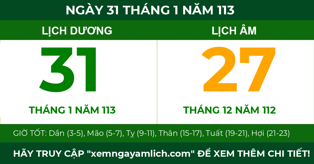 lịch âm ngày 31 tháng 1 năm 113