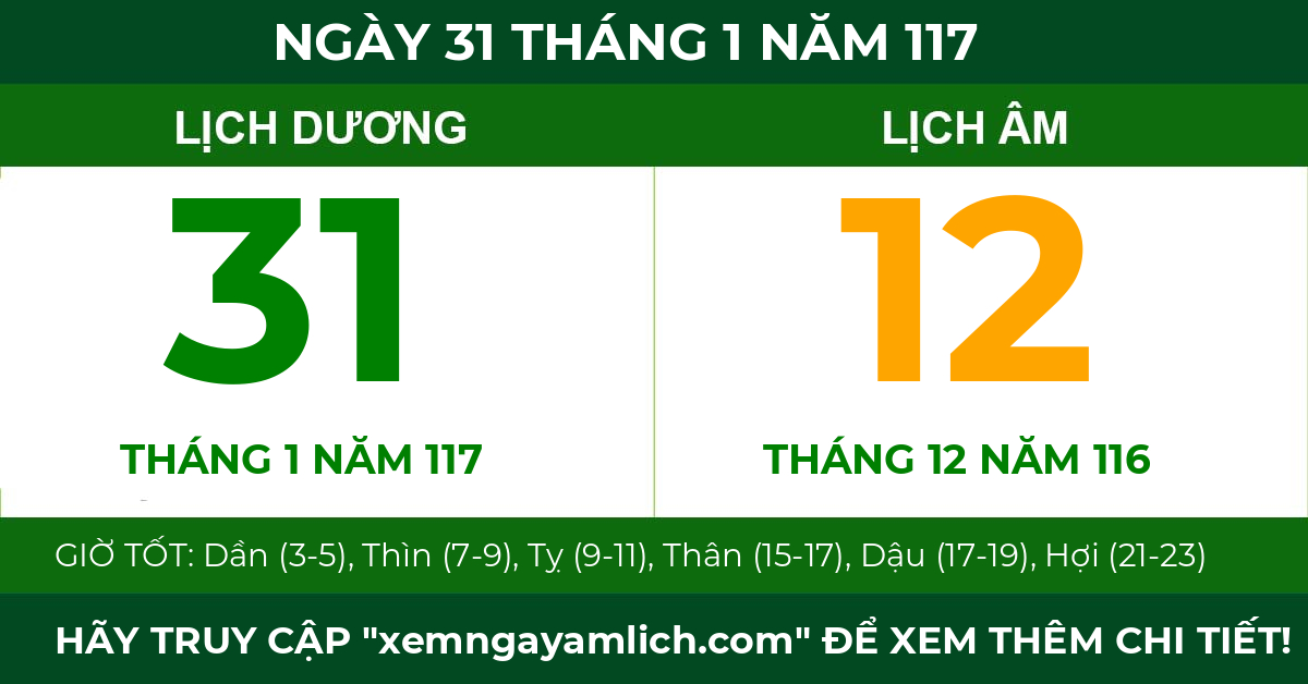 lịch âm ngày 31 tháng 1 năm 117