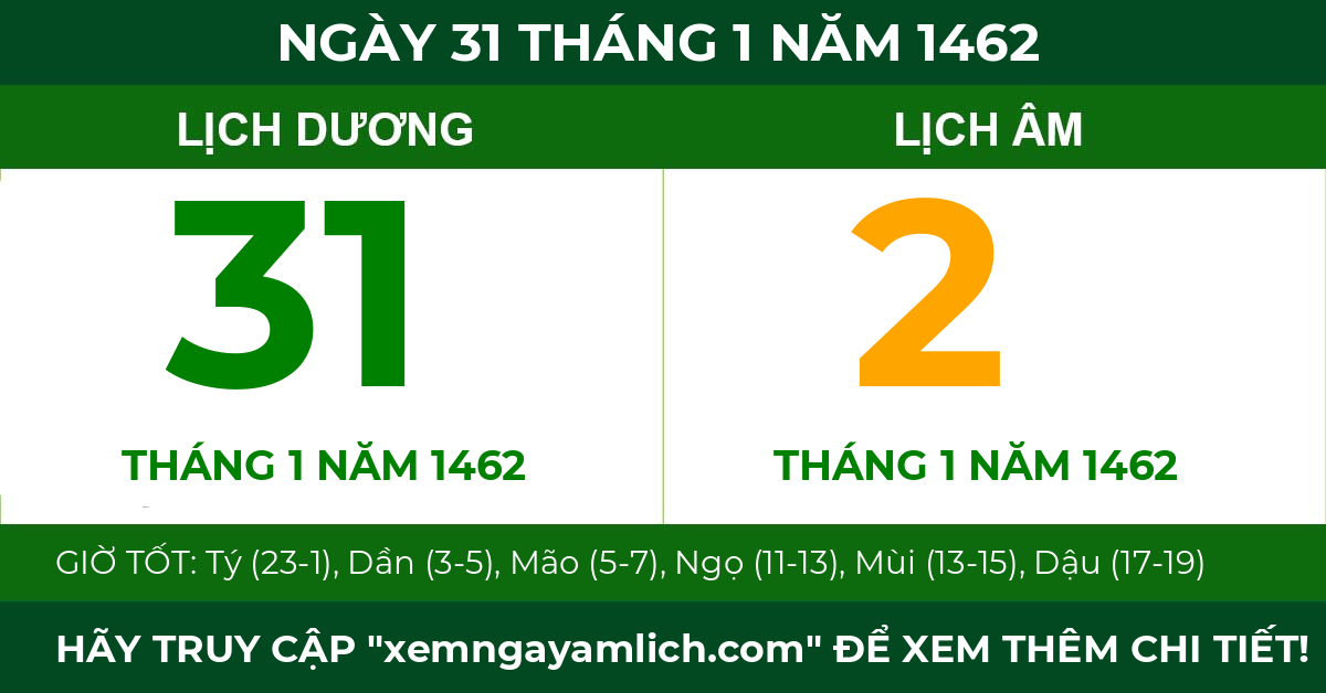 lịch âm ngày 31 tháng 1 năm 1462