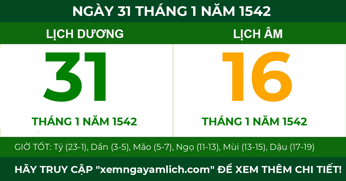 lịch âm ngày 31 tháng 1 năm 1542