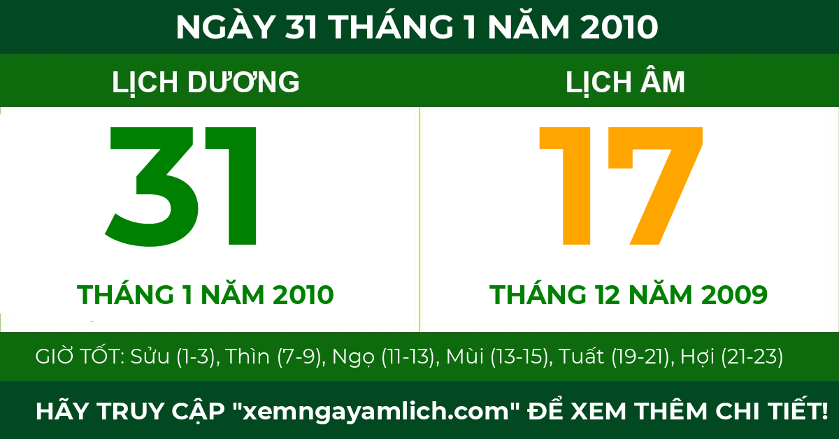 lịch âm ngày 31 tháng 1 năm 2010