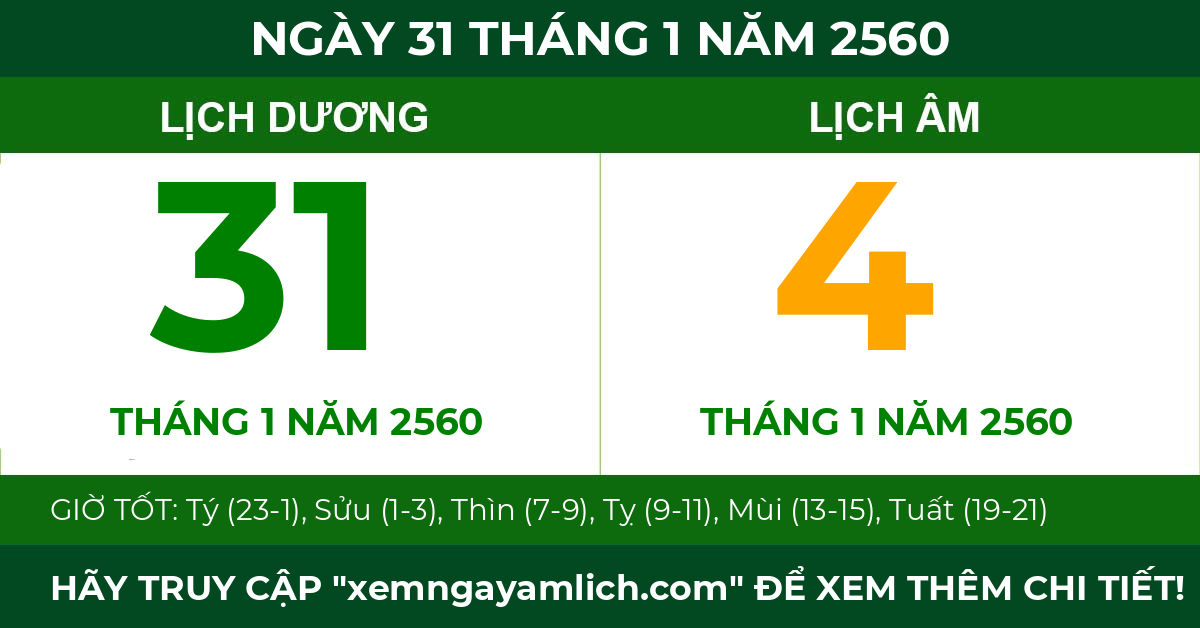 lịch âm ngày 31 tháng 1 năm 2560