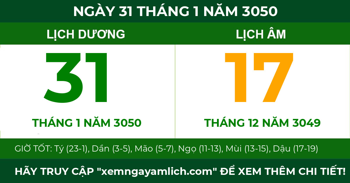 lịch âm ngày 31 tháng 1 năm 3050