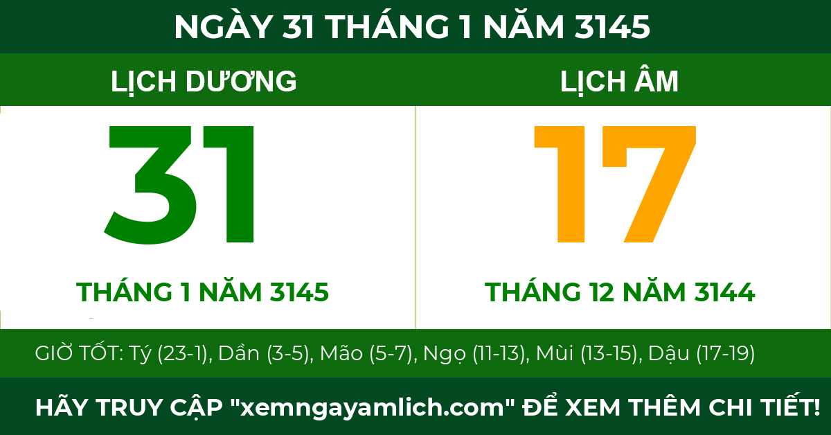 lịch âm ngày 31 tháng 1 năm 3145