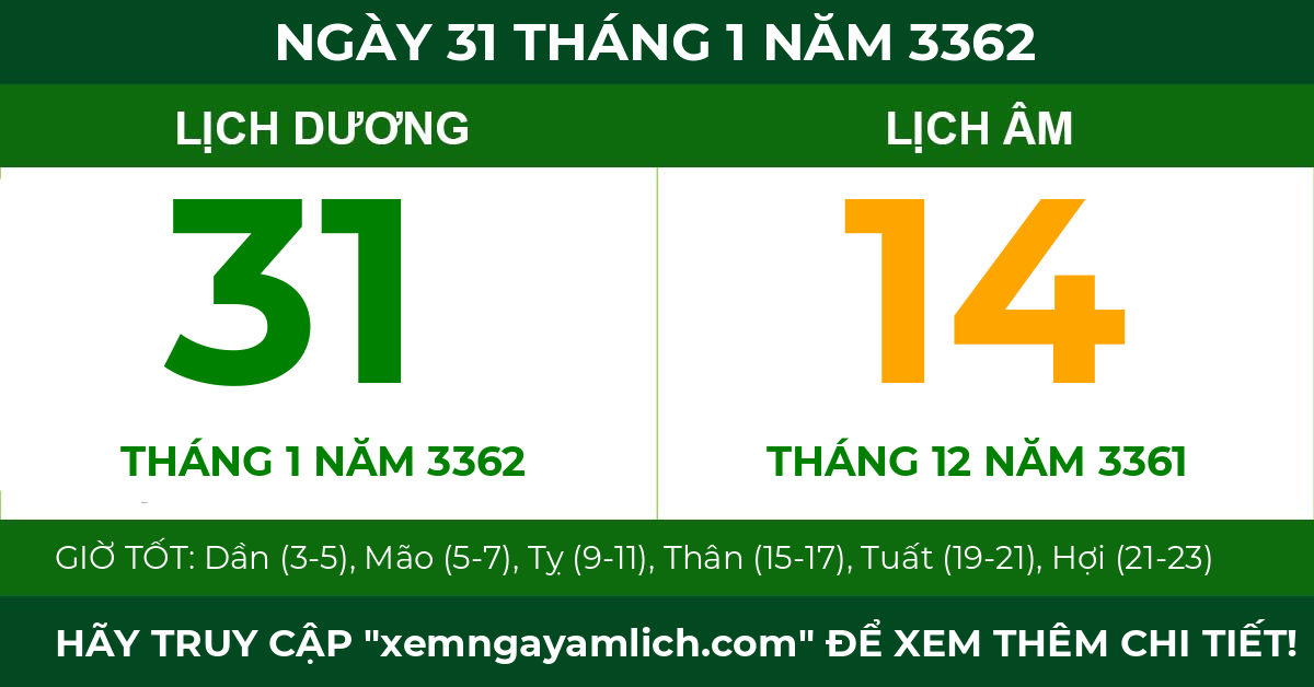 lịch âm ngày 31 tháng 1 năm 3362