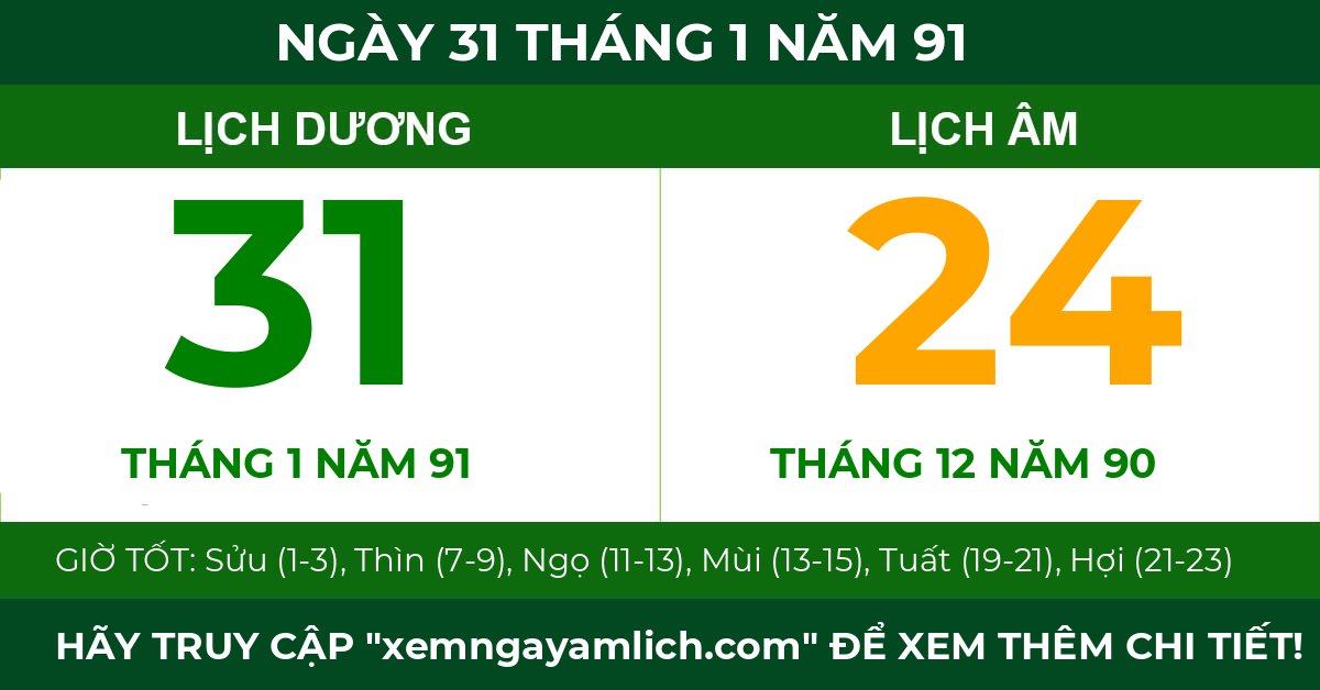 lịch âm ngày 31 tháng 1 năm 91