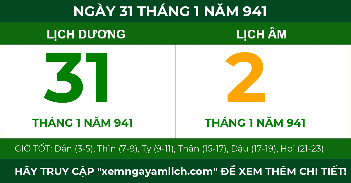 lịch âm ngày 31 tháng 1 năm 941
