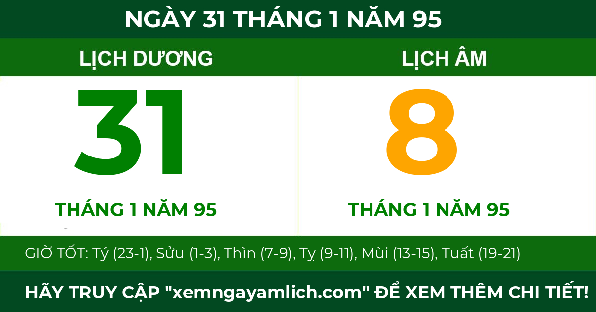lịch âm ngày 31 tháng 1 năm 95