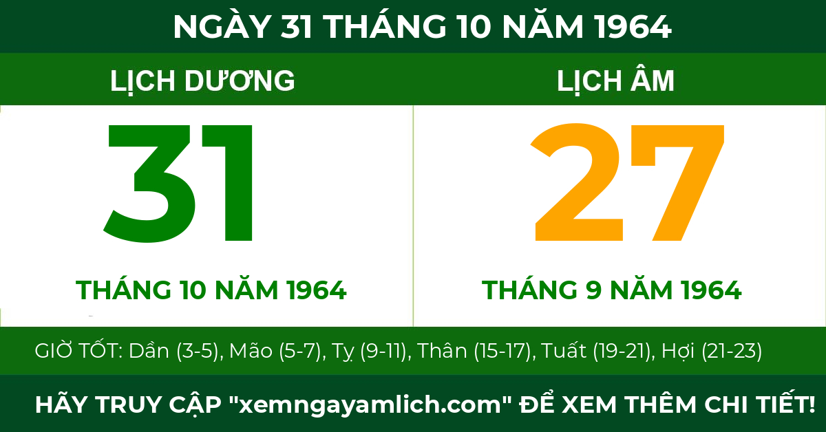 lịch âm ngày 31 tháng 10 năm 1964