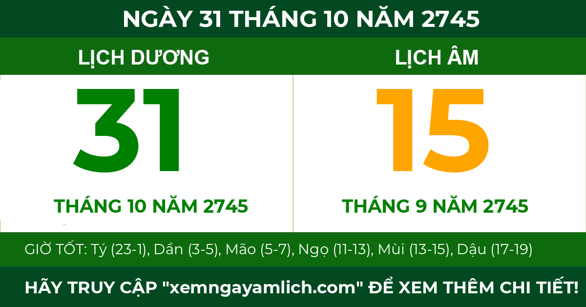 lịch âm ngày 31 tháng 10 năm 2745