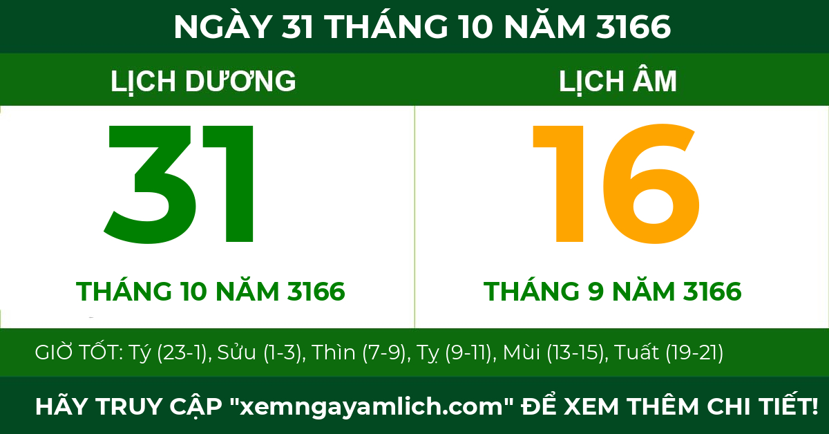 lịch âm ngày 31 tháng 10 năm 3166