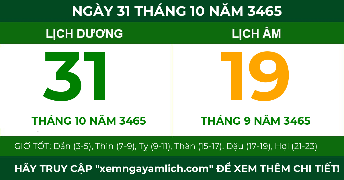 lịch âm ngày 31 tháng 10 năm 3465