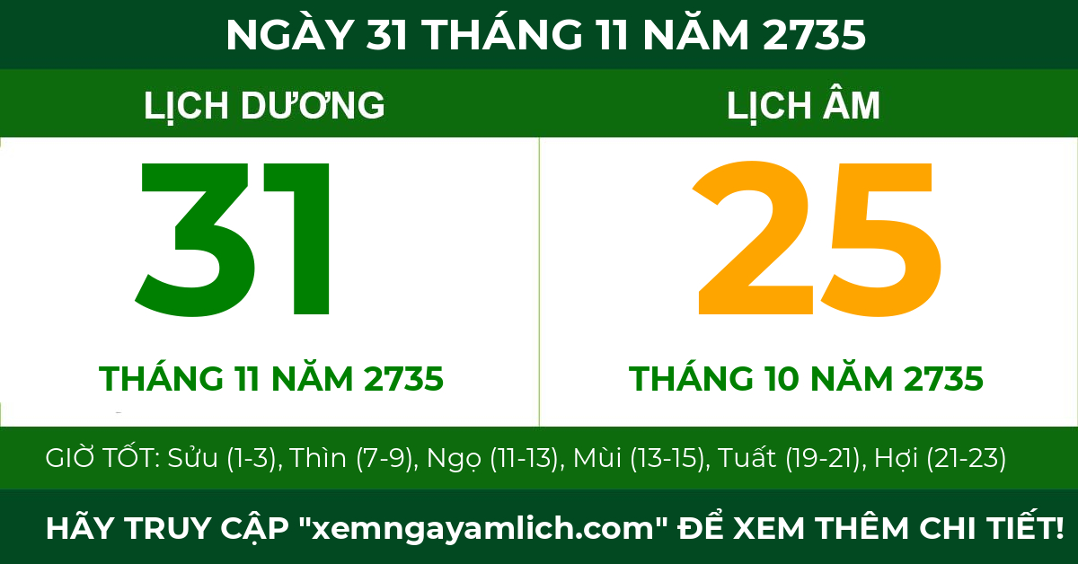 lịch âm ngày 31 tháng 11 năm 2735