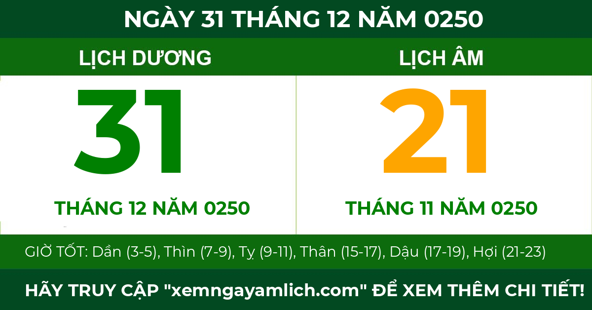lịch âm ngày 31 tháng 12 năm 0250