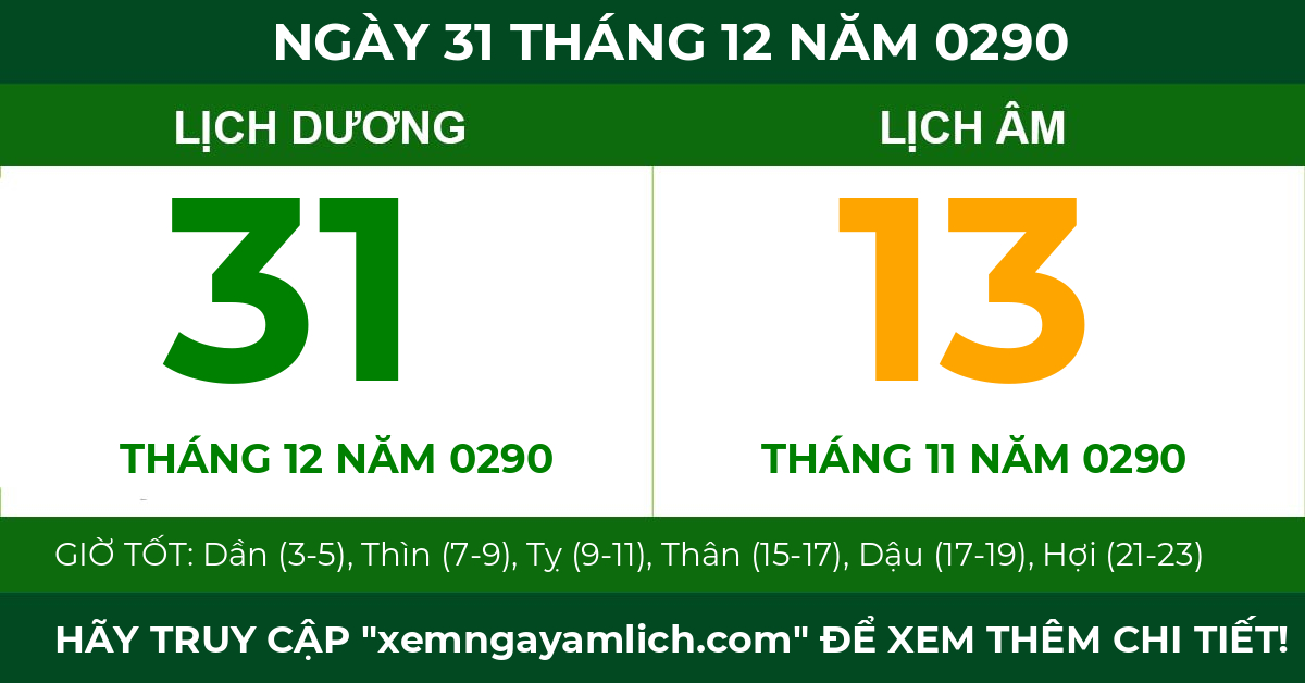 lịch âm ngày 31 tháng 12 năm 0290