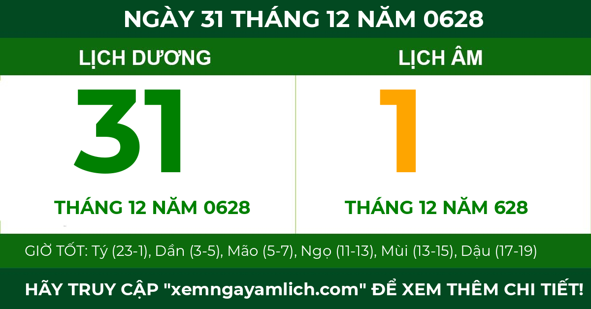 lịch âm ngày 31 tháng 12 năm 0628