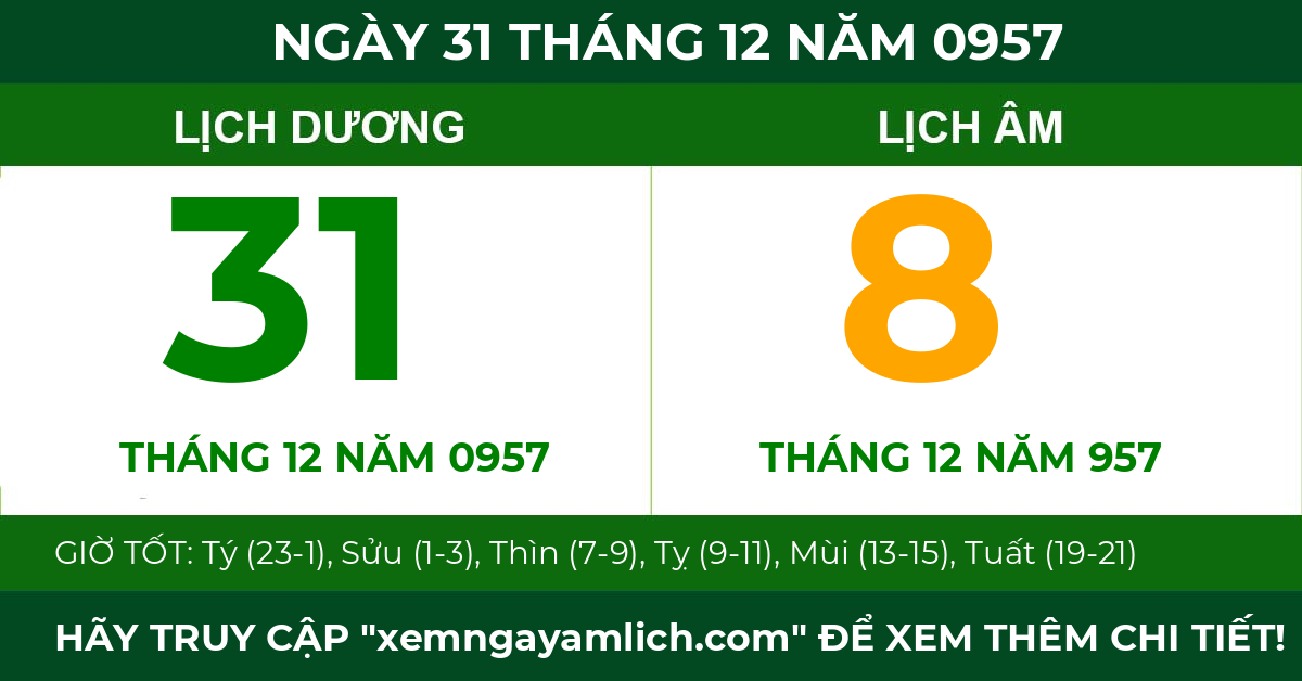 lịch âm ngày 31 tháng 12 năm 0957