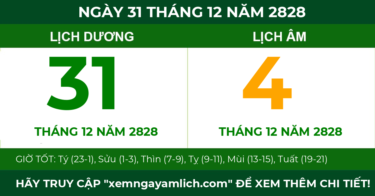 lịch âm ngày 31 tháng 12 năm 2828