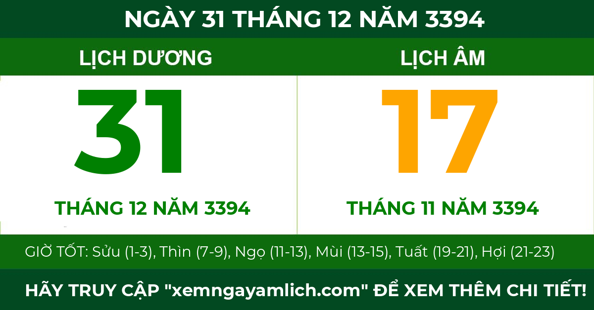 lịch âm ngày 31 tháng 12 năm 3394