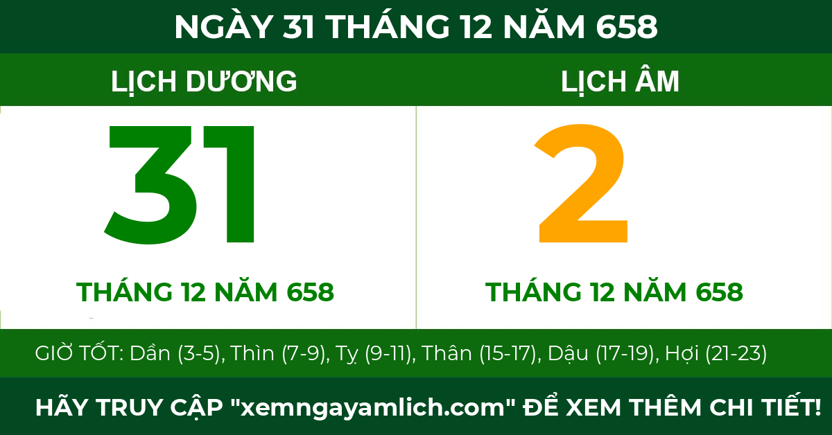 lịch âm ngày 31 tháng 12 năm 658