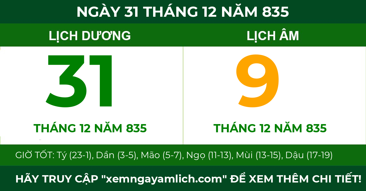 lịch âm ngày 31 tháng 12 năm 835