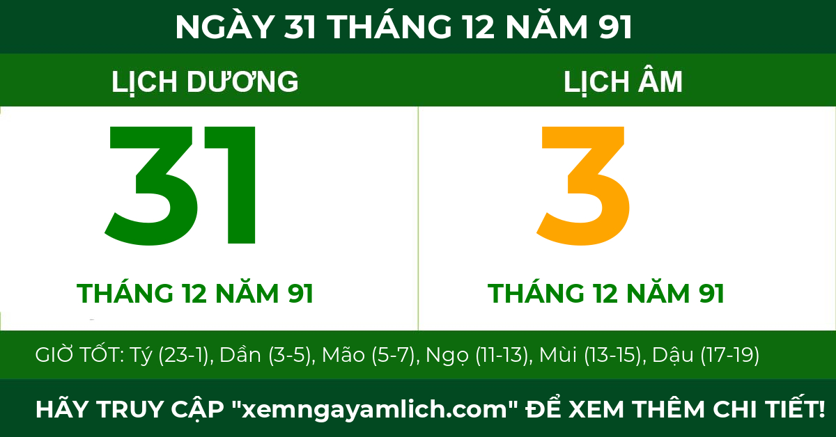 lịch âm ngày 31 tháng 12 năm 91