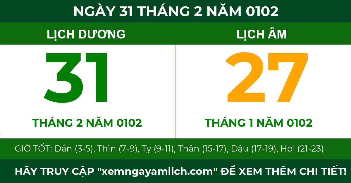 lịch âm ngày 31 tháng 2 năm 0102