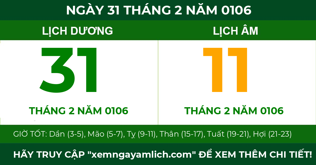 lịch âm ngày 31 tháng 2 năm 0106