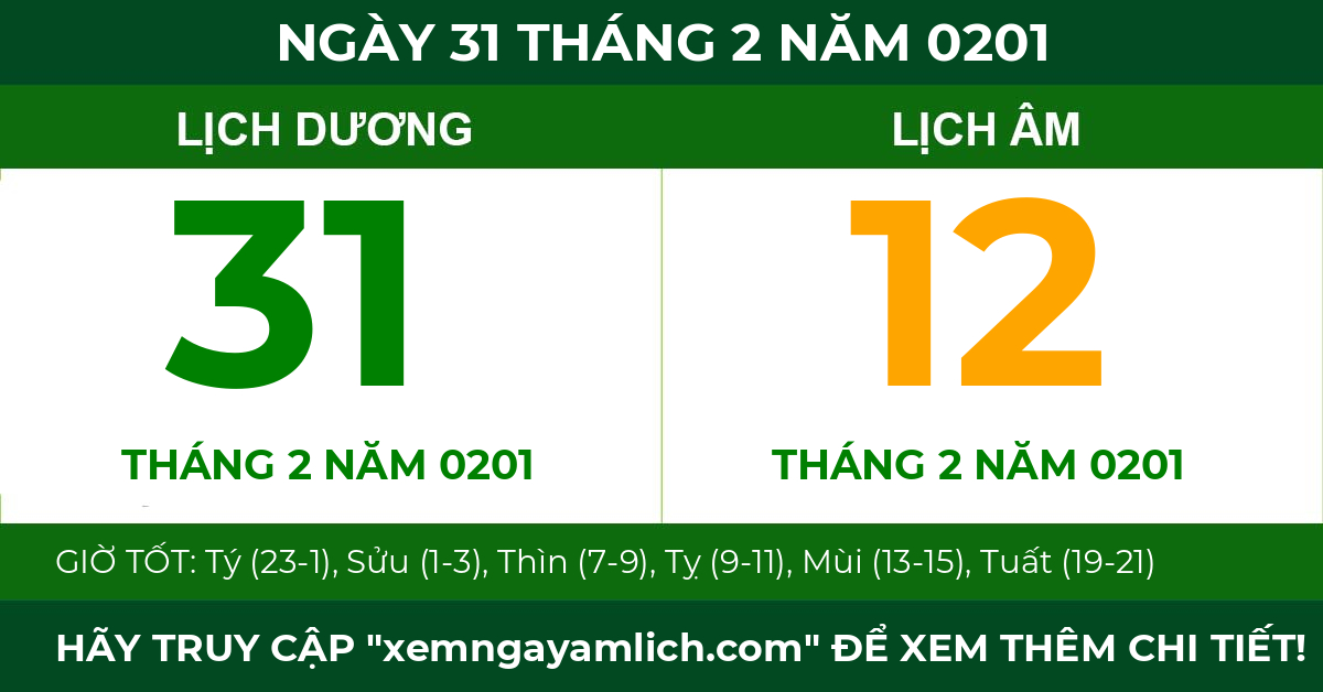 lịch âm ngày 31 tháng 2 năm 0201