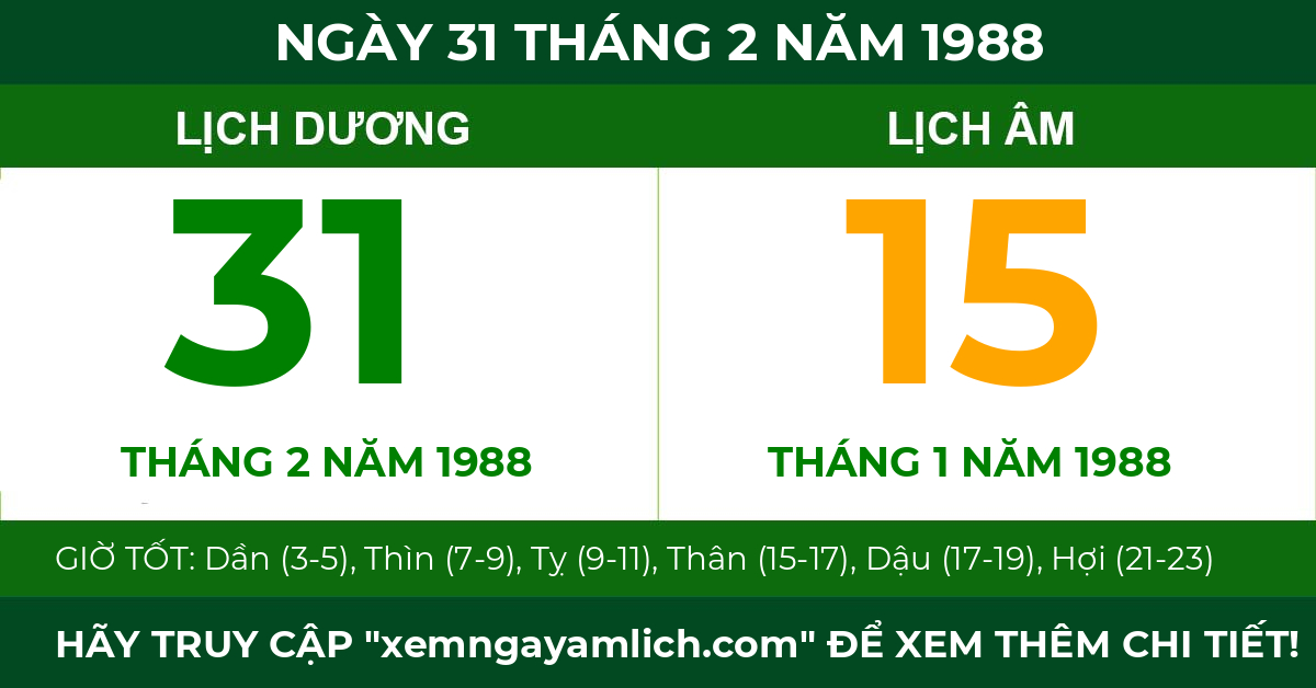 lịch âm ngày 31 tháng 2 năm 1988