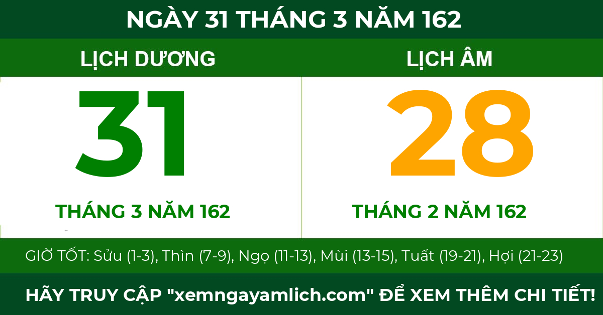 lịch âm ngày 31 tháng 3 năm 162