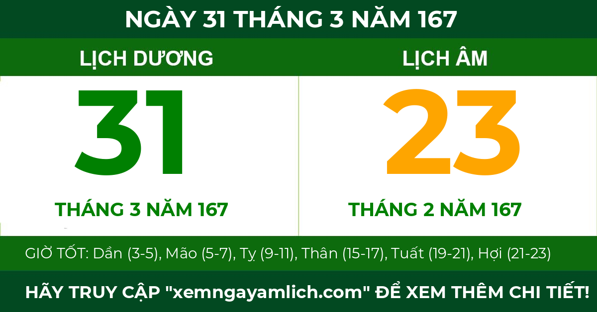 lịch âm ngày 31 tháng 3 năm 167