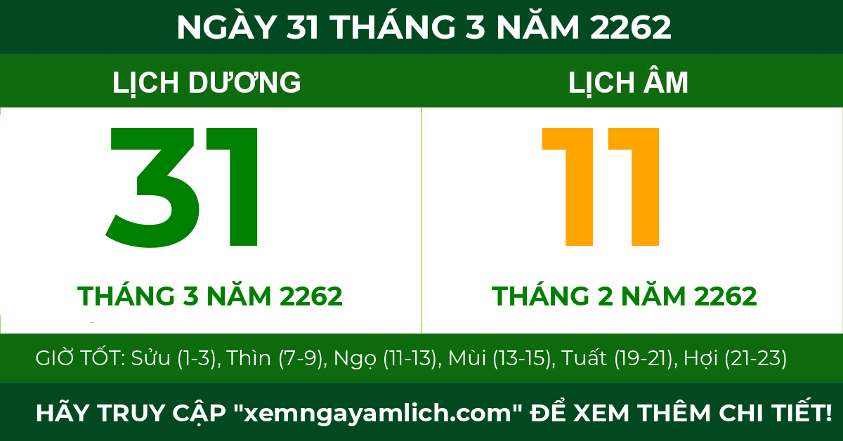 lịch âm ngày 31 tháng 3 năm 2262