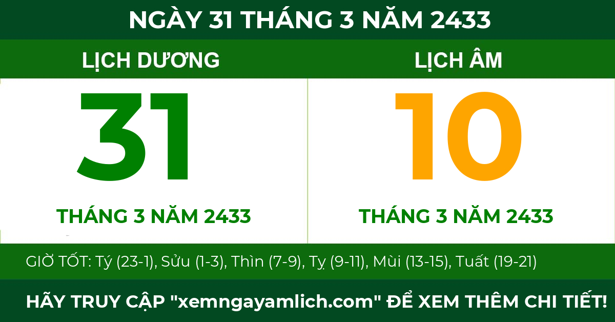 lịch âm ngày 31 tháng 3 năm 2433
