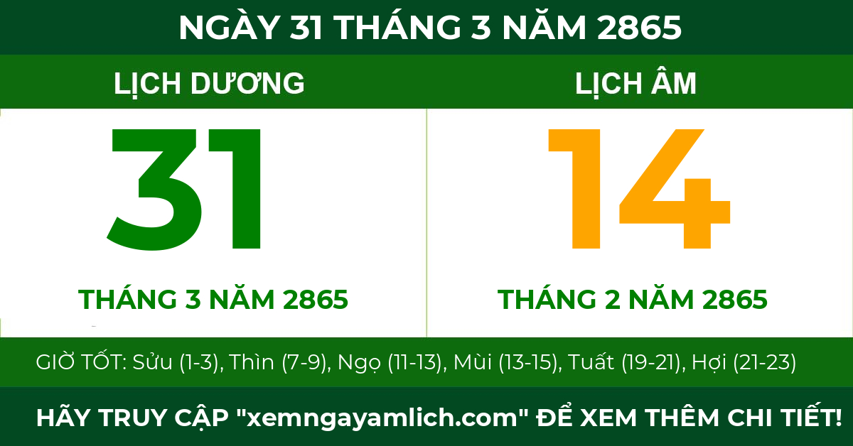 lịch âm ngày 31 tháng 3 năm 2865