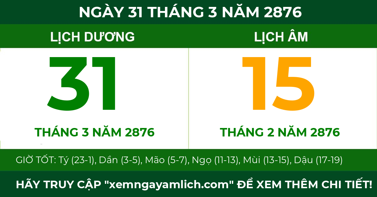 lịch âm ngày 31 tháng 3 năm 2876