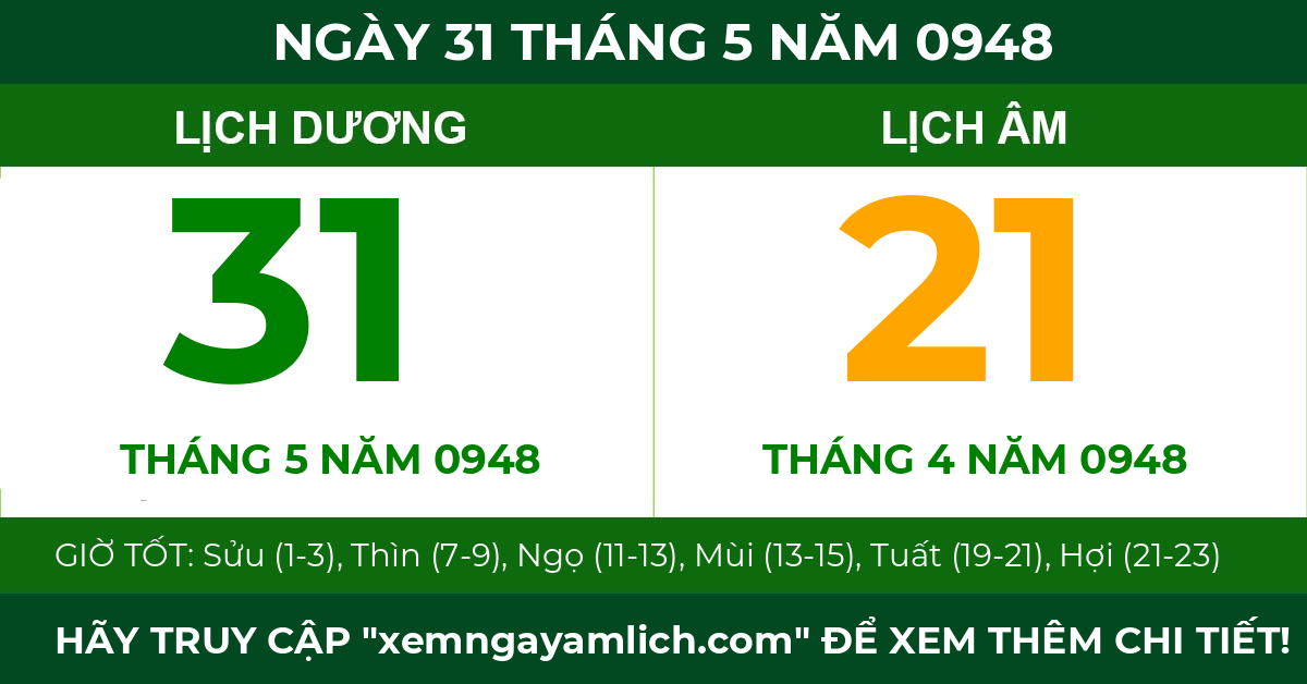 lịch âm ngày 31 tháng 5 năm 0948