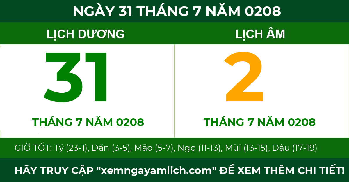 lịch âm ngày 31 tháng 7 năm 0208