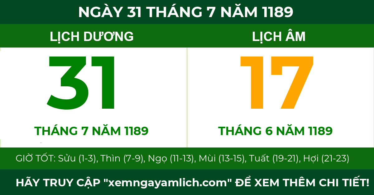 lịch âm ngày 31 tháng 7 năm 1189