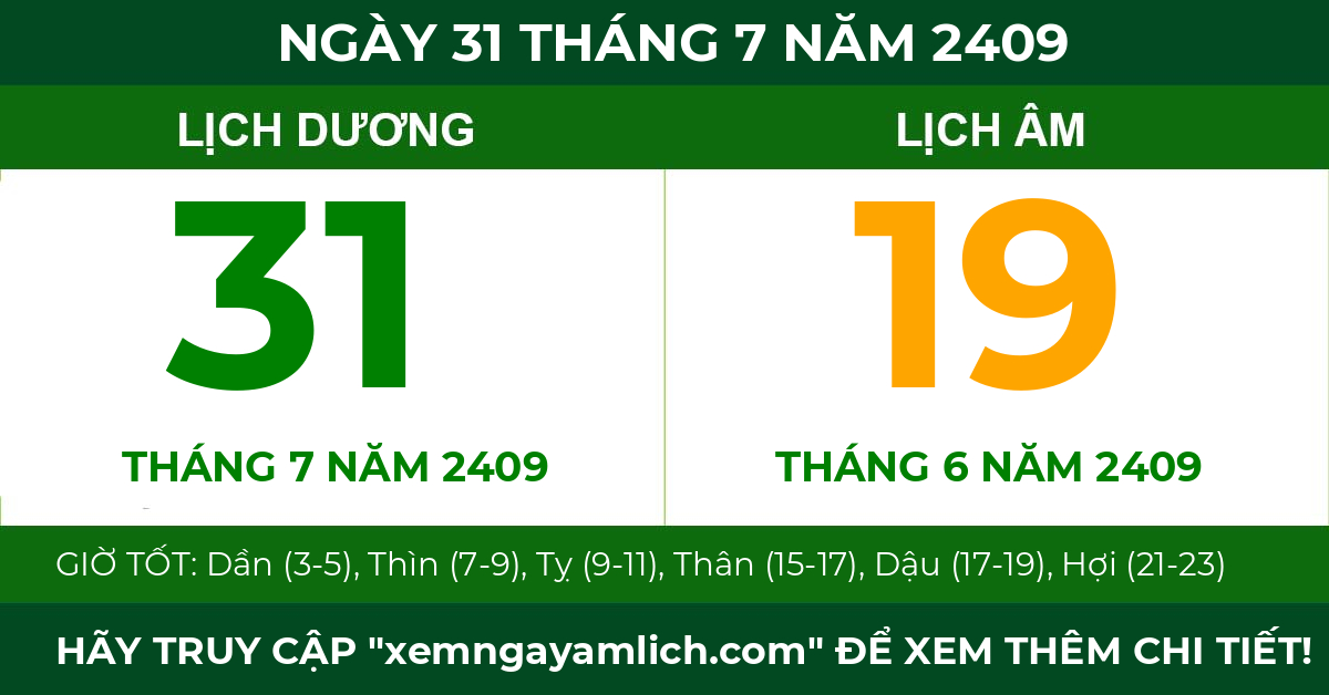 lịch âm ngày 31 tháng 7 năm 2409
